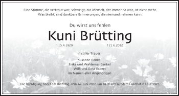 Traueranzeige von Kuni Brütting von Pegnitz-Zeitung